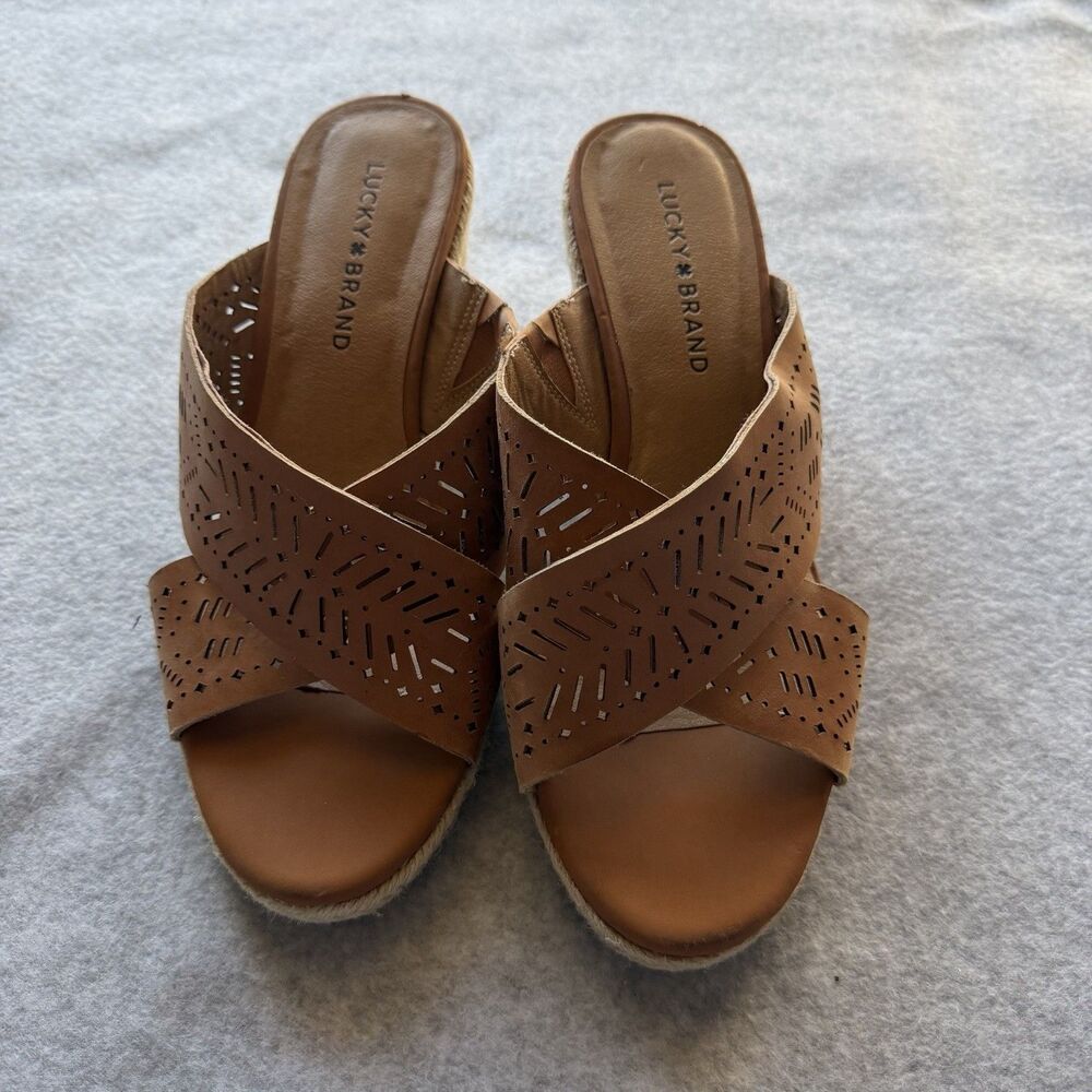 Lucky Brand Keela Women's 8 Brown Leather Slip On Wedge 2.75" Sandals Espadrille